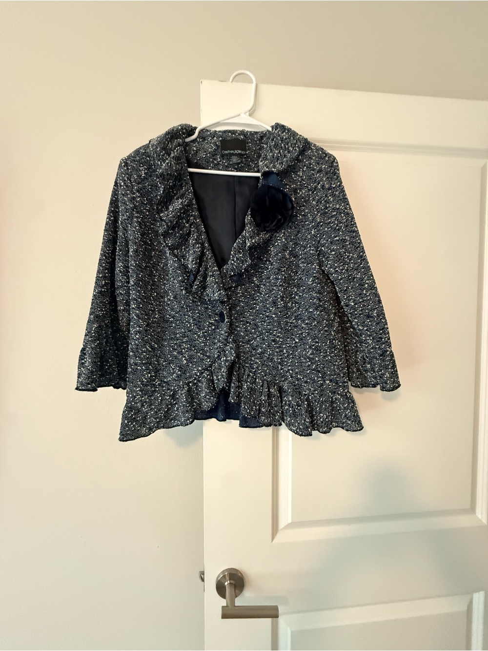 Cynthia Rowley Navy Tweed Ruffle Blazer with Pom Detail